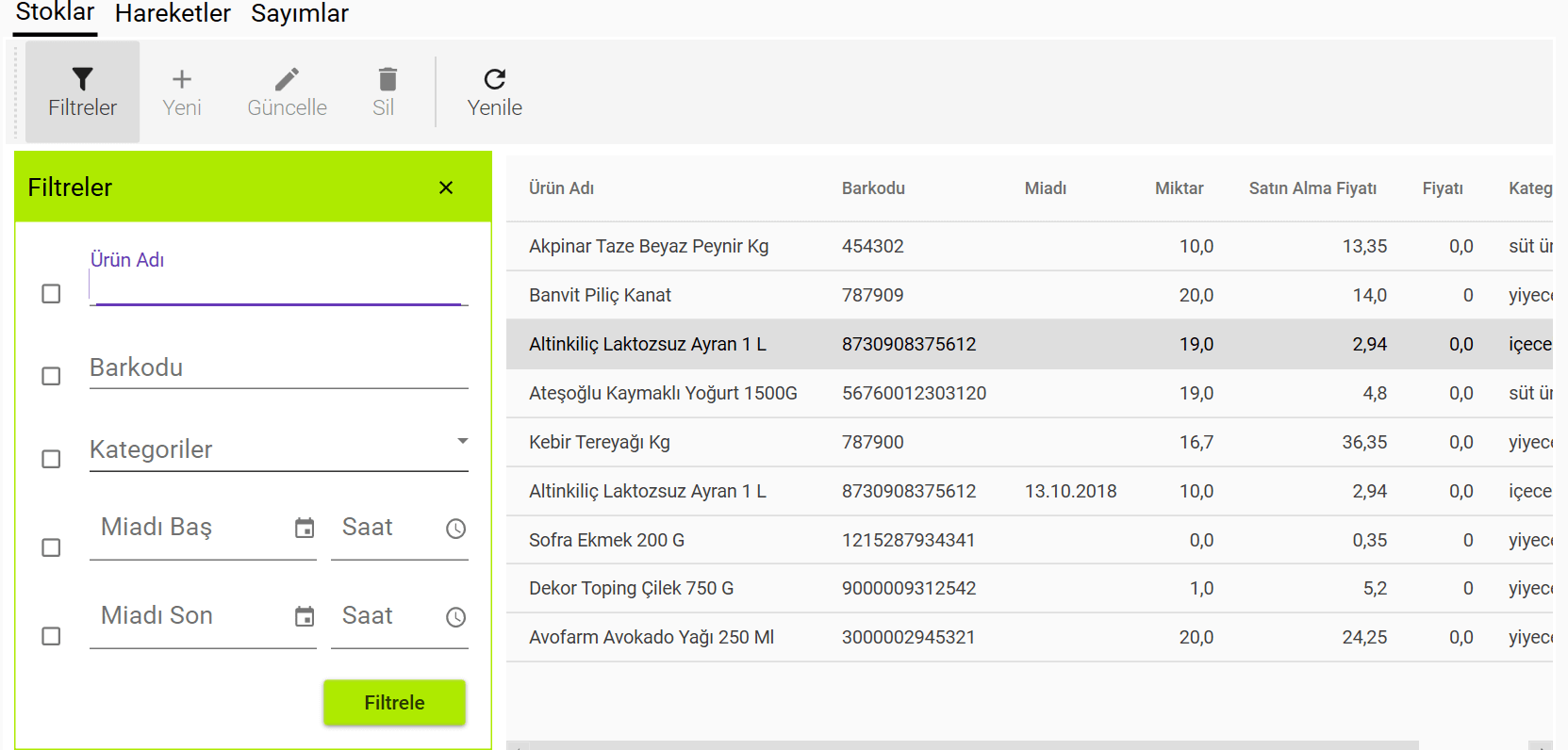 stok raporu tablo şeklinde