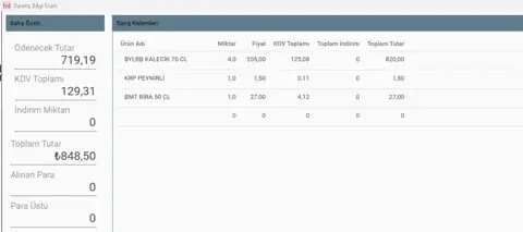 Müşteriye dönük sipariş ekranı